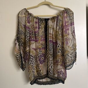 Cache See Through Printed Blouse XL Elastic Neck Bottom Short Sleeves 100% Silk